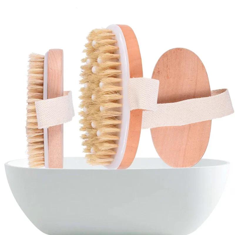 Body Brush Natural Boar Bristle Organic Dry Skin Body Brush Massager Bamboo Wet Back Shower Brushes Exfoliating Bathing Brush