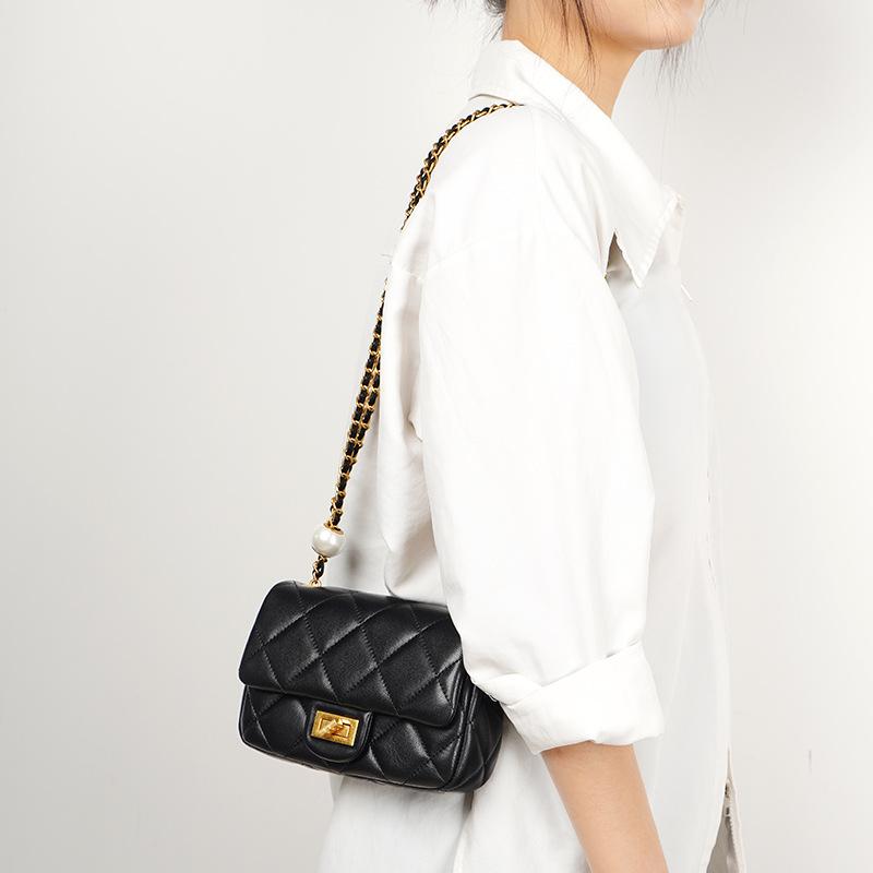 Rhombus Double Pearl Square Bag New Leather Women's Bag Messenger Bag Chain Bag High Sense