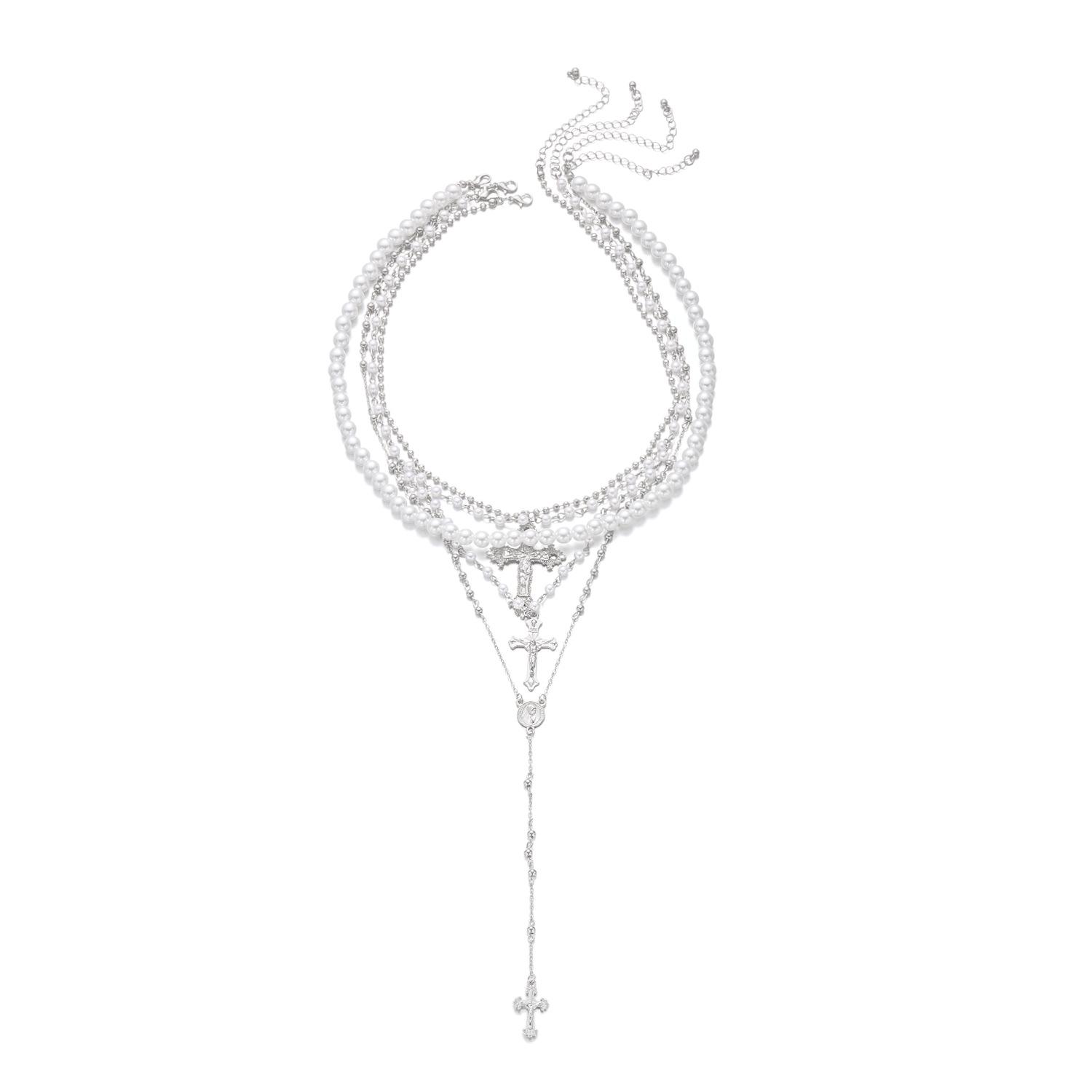 

European & American Faux Pearl Cross Collarbone Layered Tassel Pendant Necklace срібний
