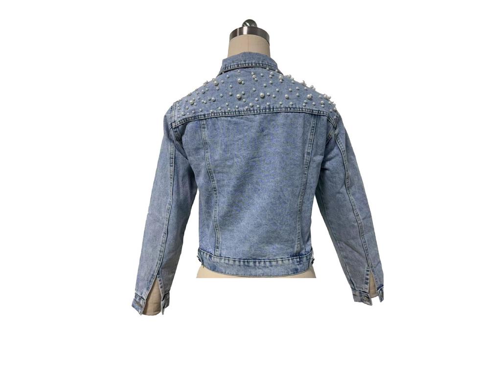 2025 Oversizowana damska kurtka dżinsowa z haftowanymi perłowymi koralikami