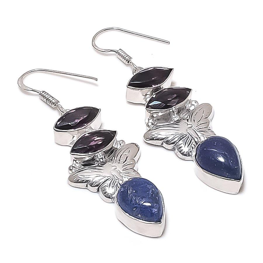 Lapis Lazuli, Amethyst Gemstone 925 Sterling Silver Earring 2.36"