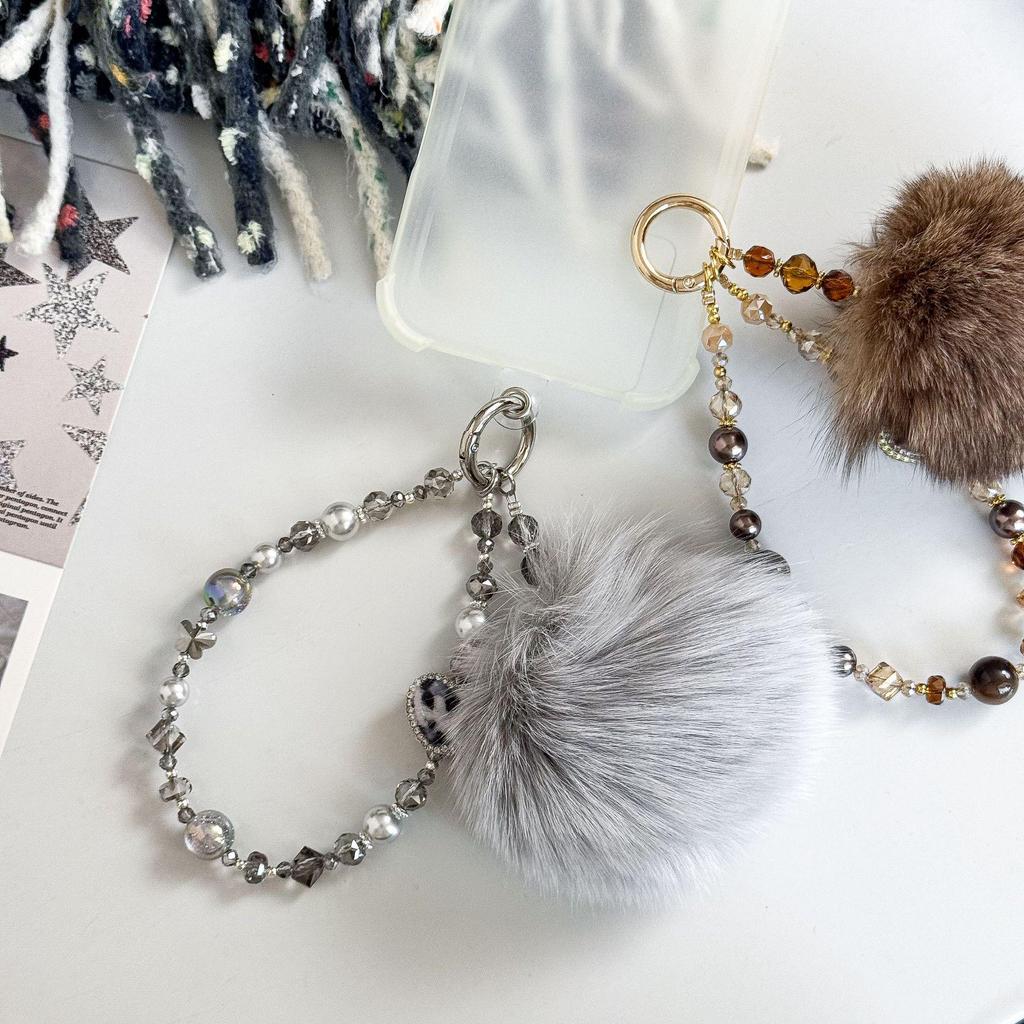 Vysoce kvalitní podzimní/zimní řetízek na telefon z plyše lišky: Roztomilý přívěsek na tašku s krystaly a perlami