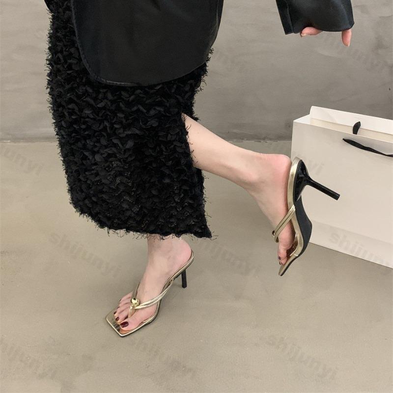 Summer Women High-heel Slippers 2026 Elegant Outdoor Square Toe High Heels Fashion Thin Heel Outdoor Ladies Flip Flops Slippers