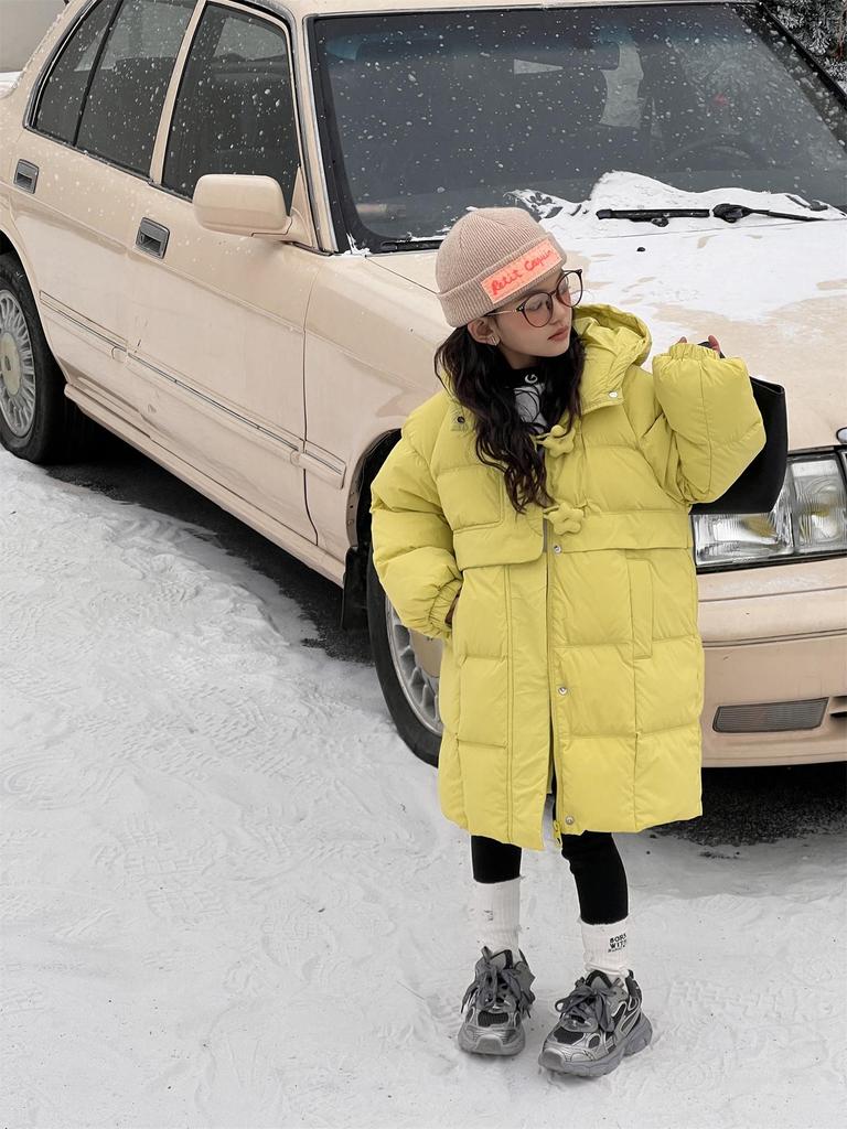 2025 Winter Girls' Warm Mid-Length Solid 90% White Duck Down Puffer Jacket