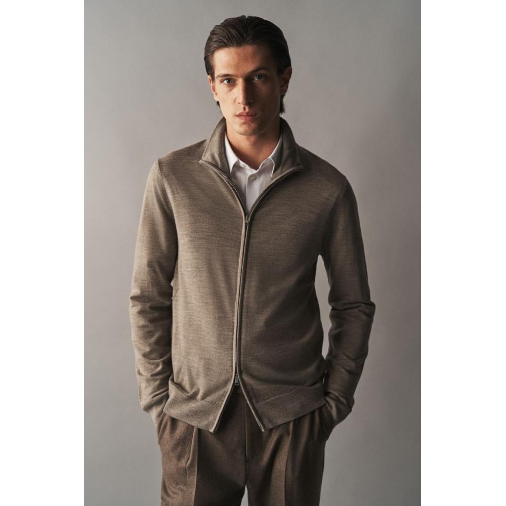 H M sliM Fit Merino Wool Zip Up Cardigan Grey