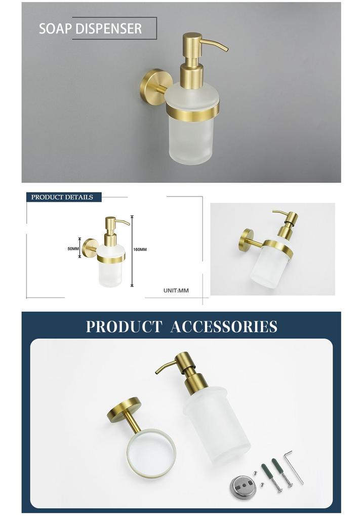 Luxury Brushed Gold Bathroom Accessory Set: Towel Rack, Bar, Paper Holder, Hook, Soap Dispenser.