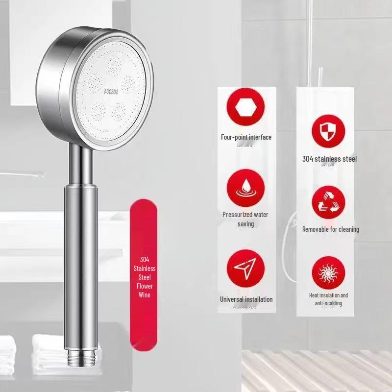 304 Stainless Steel Pressurized Shower Set with Handheld Head, Hose, and Descaling Feature