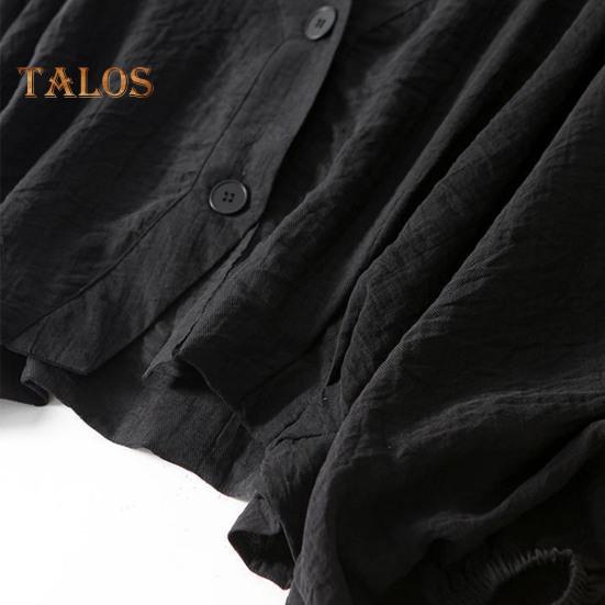 Women Loose Fit Shirt V-Neck Lantern Long Sleeve Two-Button Placket Tops Solid Color Loose Fit Casual Shirt