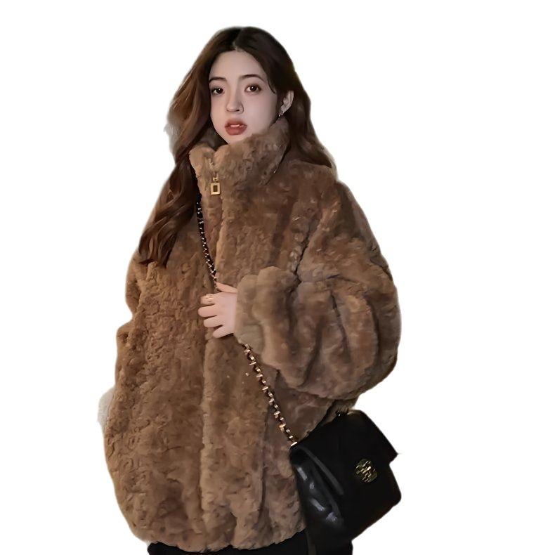 Fur stand-up collar thickened imitation lamb wool coat winter new coat retro simple temperament light