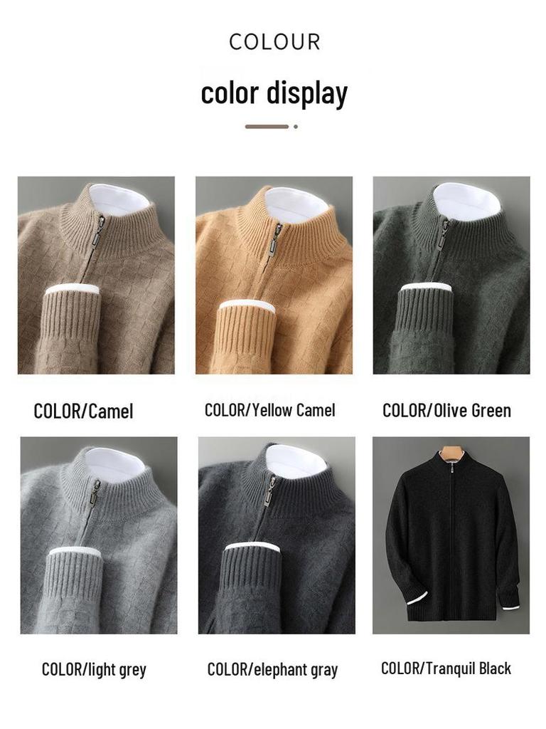 Men's Trendy Plaid Jacquard Wool Cardigan: Loose, Versatile, Long-Sleeved, Knitted, Cashmere Blend, Seven-Needle Thick.
