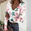Women's Casual V-Neck Floral Print Long Sleeve Ribbed Top for Everyday Wear