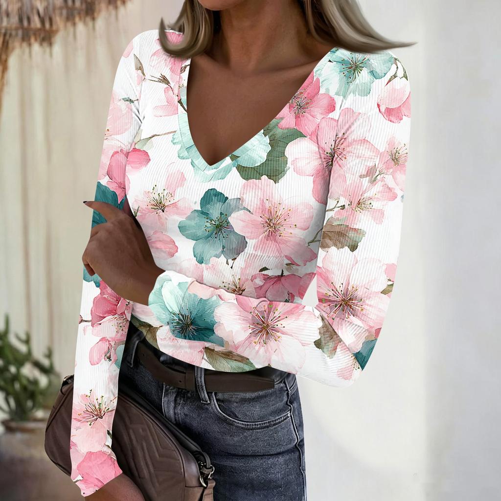 Women's Casual V-Neck Floral Print Long Sleeve Ribbed Top for Everyday Wear