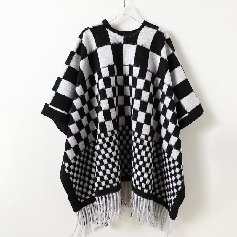 Retro Checkerboard Plaid Autumn And Winter Men'S And Women'S Double-Sided Shawls With Imitation Cashmere High-End Warm Fringed Scarf Cape