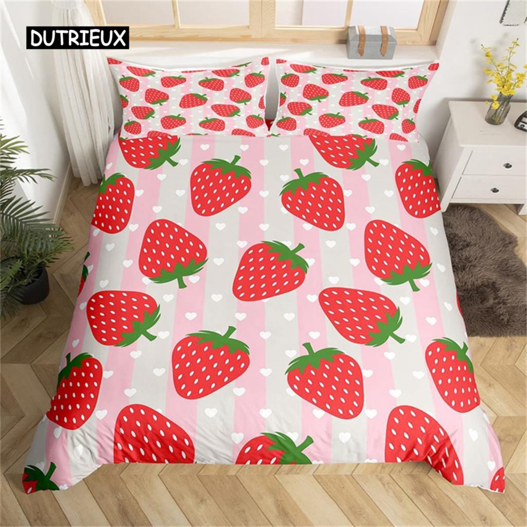 Duvet Cover Lovely Cartoon Strawberry Bedding for Girl Teen  Set Microfiber Blue Star Yellow Floral Quilt Cover Bedroom Decor