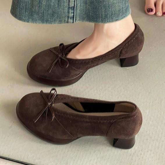 Retro Temperament, Socialite Style, Lady Pedal High Heels, Autumn Suede Bow Thick Heel Mary Jane Single Shoes