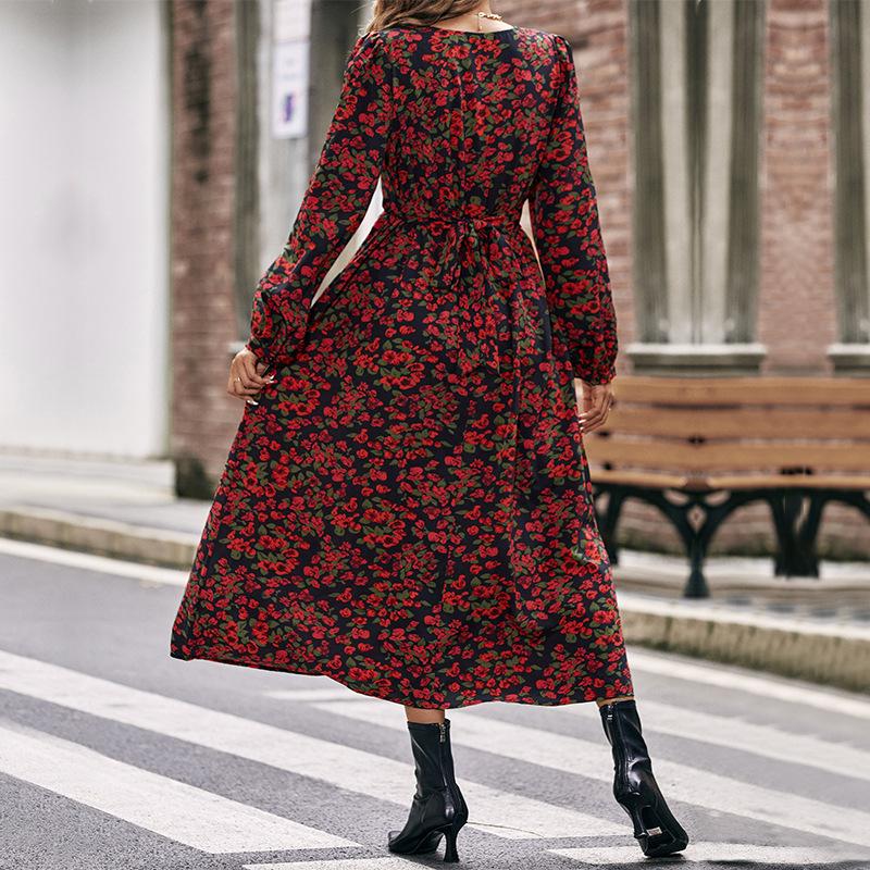 Abbigliamento Donna Temperamento Primavera e Autunno Abito Rosso Stampato a Manica Lunga Abito Lungo