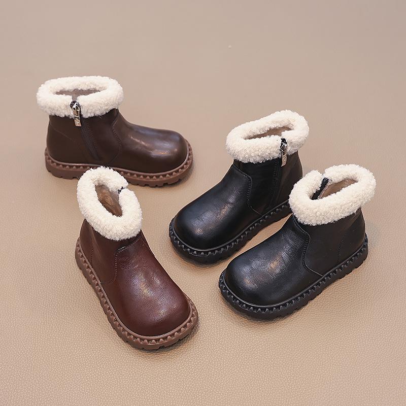 Girls Martin boots thermal velvet cotton boots 2025 winter new baby girl short boots soft sole children's two cotton leather boots