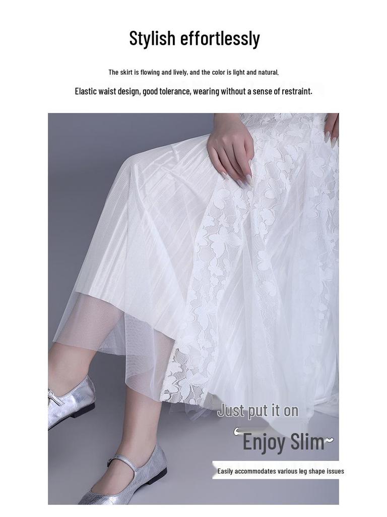 A-line Midi Skirt: High Waist Mesh Lace Patchwork for Women - Spring/Summer 2026
