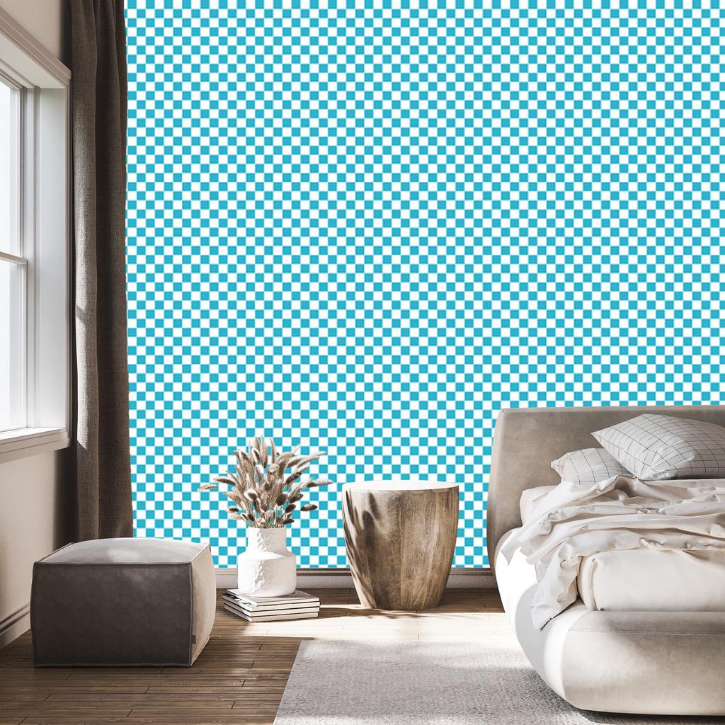 Checkerboard Wallpaper in Aquamarine and Turquoise for Living Room and Bedroom 50x1000