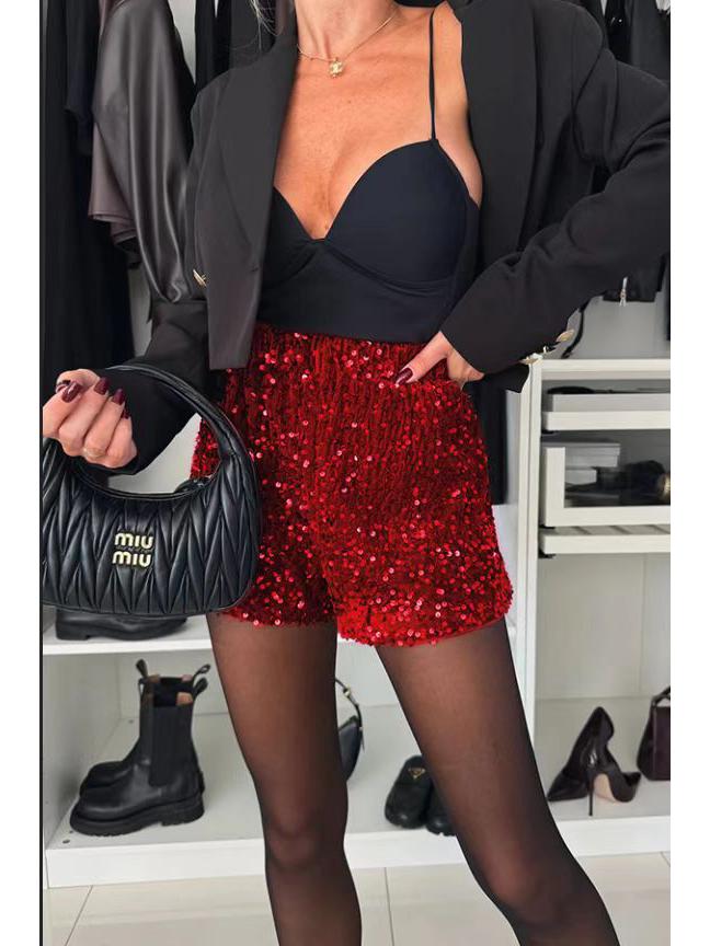 

Women s Cross-Border European & American Sequin Slim Fit Mid-Waist Hot Pants S червоний