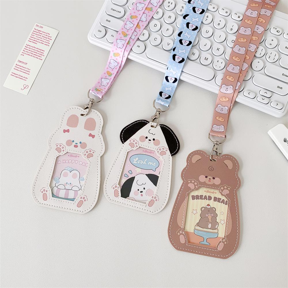 Cartoon Puppy Cat Leather 3inch Cards Cover Neck Strap Lanyard Campus Card Holder For Student