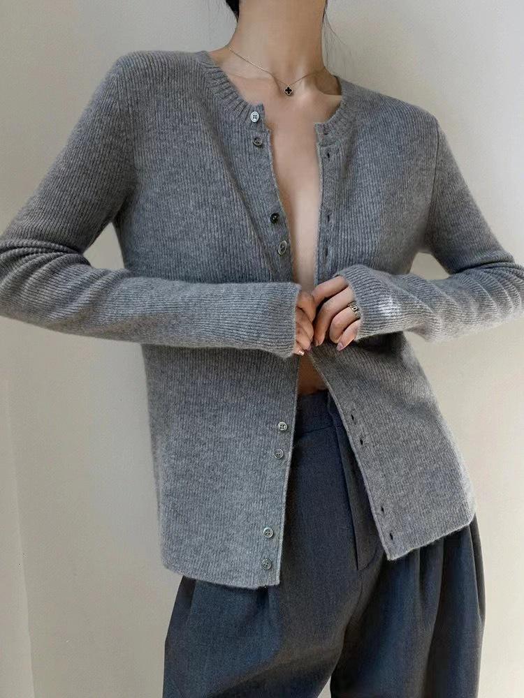 Women's Slim-Fit Ribbed Wool Cardigan – Versatile Autumn/Winter Knit Top