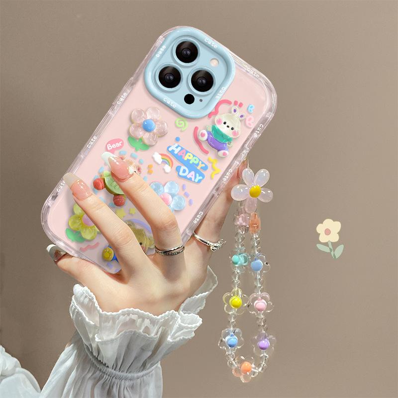 Rabbit flower doll bracelet for Apple 16e jelly mobile phone case 15promax cute cartoon 13 sweet 14