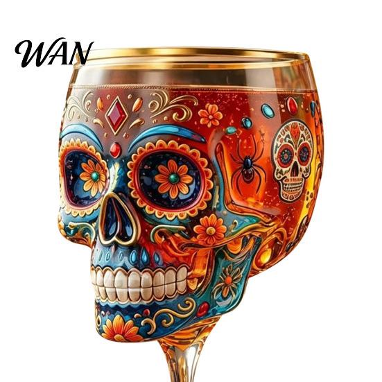 Marigold Design Wine Glass Gothic Skull Glass, Hand Painted Skeleton Goblet, Day Themed Party of The Dead Decor, Unique Bar Gift for Halloween