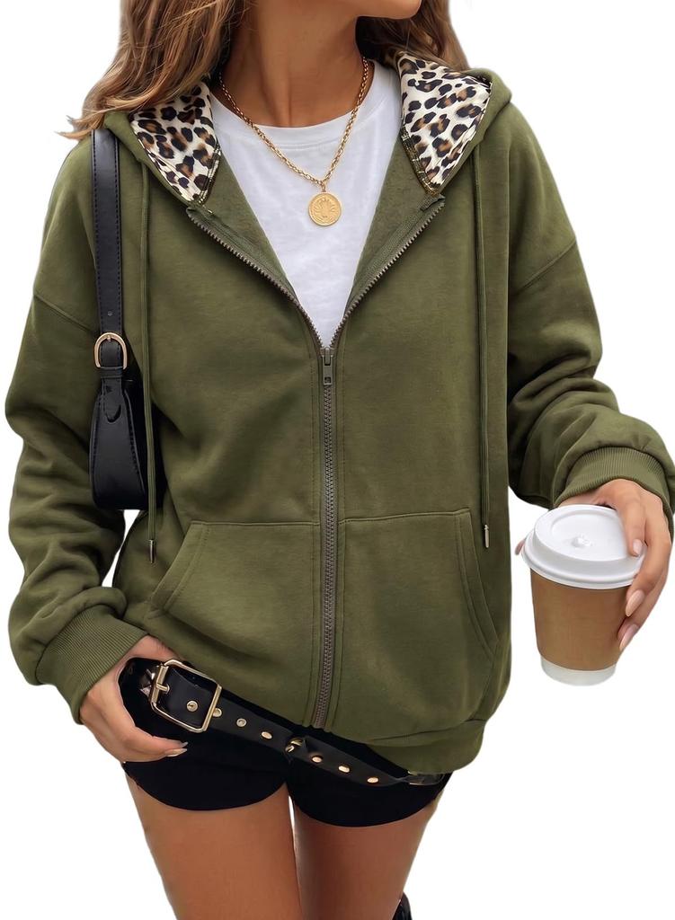 Damen Leopard Print Reißverschluss Hoodie Langarm Fleecegefüttert Lässige Sweatshirtjacke