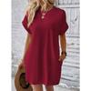 2026 New Women's Spring Summer Solid Color Round Neck Loose Fit Short Sleeve Pocket Casual Beach Dress