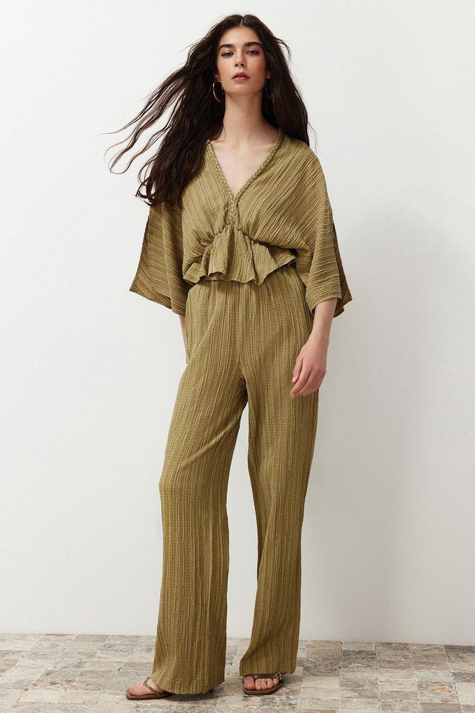 Women's Style Trousers Khaki Elastic Waist Textured Fabric Woven Trousers
