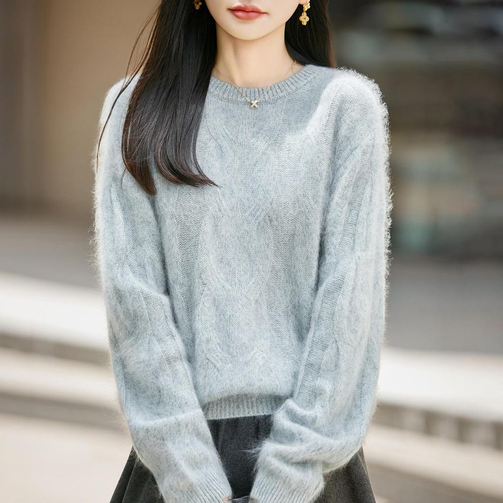 2026 Autumn/Winter Women's Marled Cashmere Wool Knit Sweater - Round Neck, Long Sleeve, Brushed Loose Fit