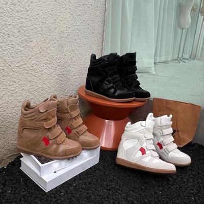 Autumn and Winter Women's Leather Lifting Basket with Magic Strip Casual Sports Shoes 8CM Interior Fashion Style Round Tail Rubb