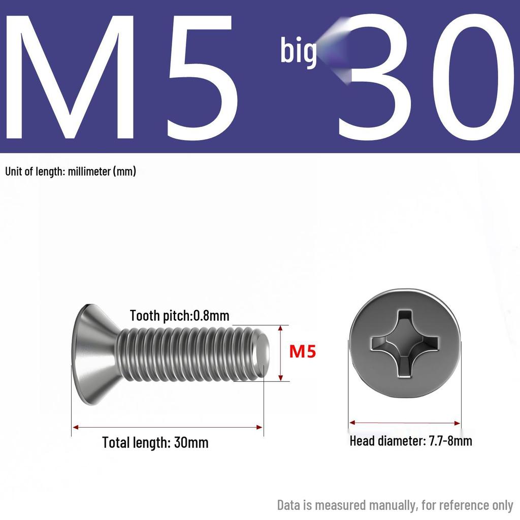 201 Stainless Steel Countersunk Phillips Head Screw: Flat Head Bolt M2-M8