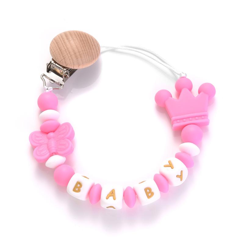 Round Wood Baby Dummy Holder Clip Crown Butterfly Silicone Beaded Teether Custom English Letter Name Pacifier Chain Nursing Toy