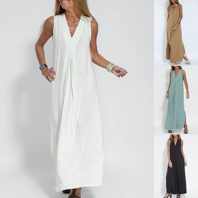 Fashion V-neck Sleeveless Women Dress Plus Size Elegant Summer Solid Long Dresses Women New A Line Loose Casual Ladies Party Dress 783