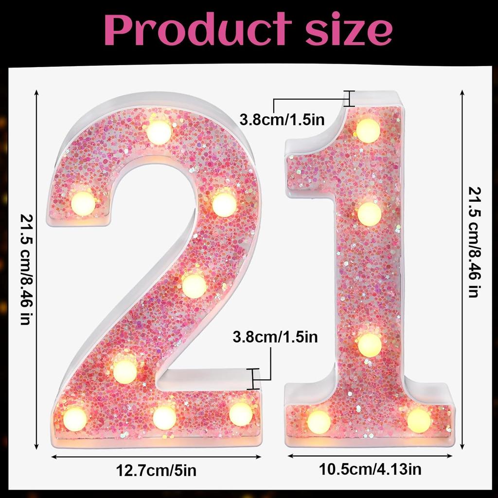 21st Decorative LED Light Up Numbers 21st Marquee Light Up Numbers Sign Birthday Table Decoration Glitter Pink 1 and 2 Suitable for Birthday Wedding