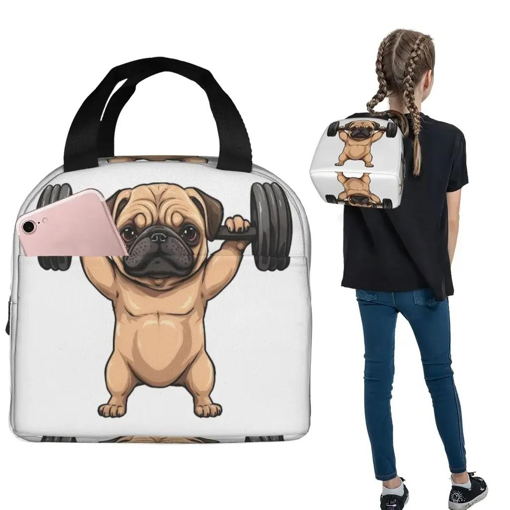 Pug Dog Weight Lifting Exercise Fitness Gym Workout Insulated Lunch Bag for Women Children Food Boxes Thermal Lunch Box Tote