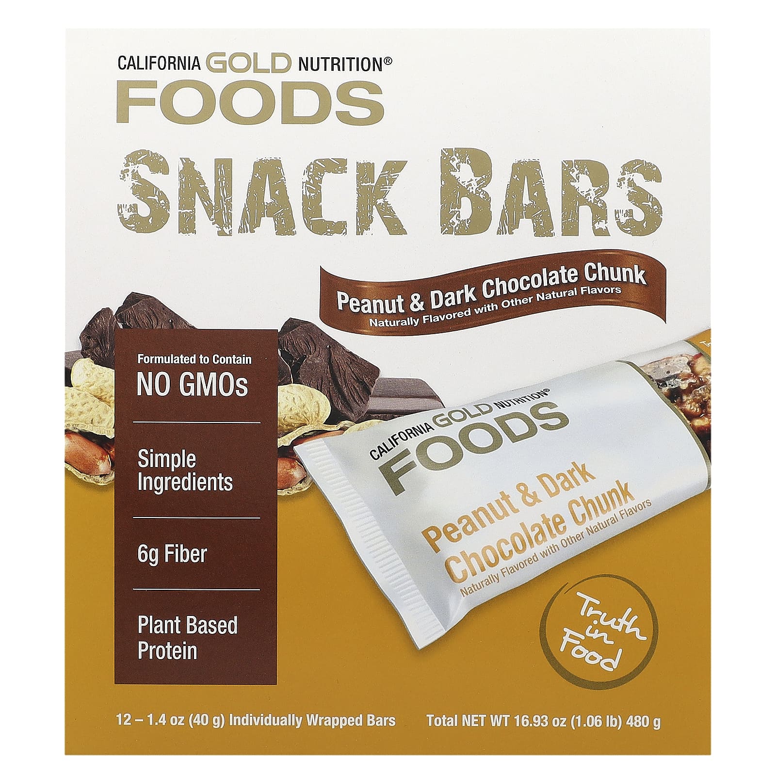 

Food, Peanut & Dark Chocolate Chunk Bars, With Oil-Free Roasted Almonds, Chicory Root Fiber, Pea Crisp, Honey, 12 Bars, 40G (1.4Oz) Each
