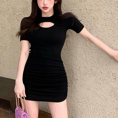 Y2K Sommer Hohl Mini Damen Einfarbig Enganliegende Plissee Wickel Gesäß Slim Fit Elegantes Kleid