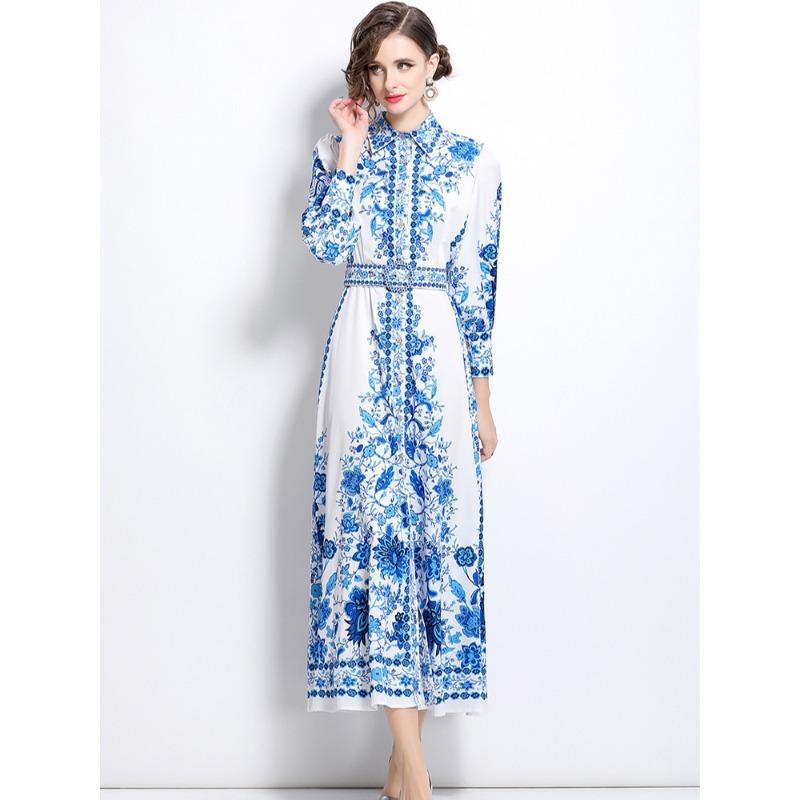 Frühling Herbst Damen Vintage Print Blau und Weiß Porzellan Laufsteg Kleider Langarm Einreiher Lang Maxi Party Hemdkleid