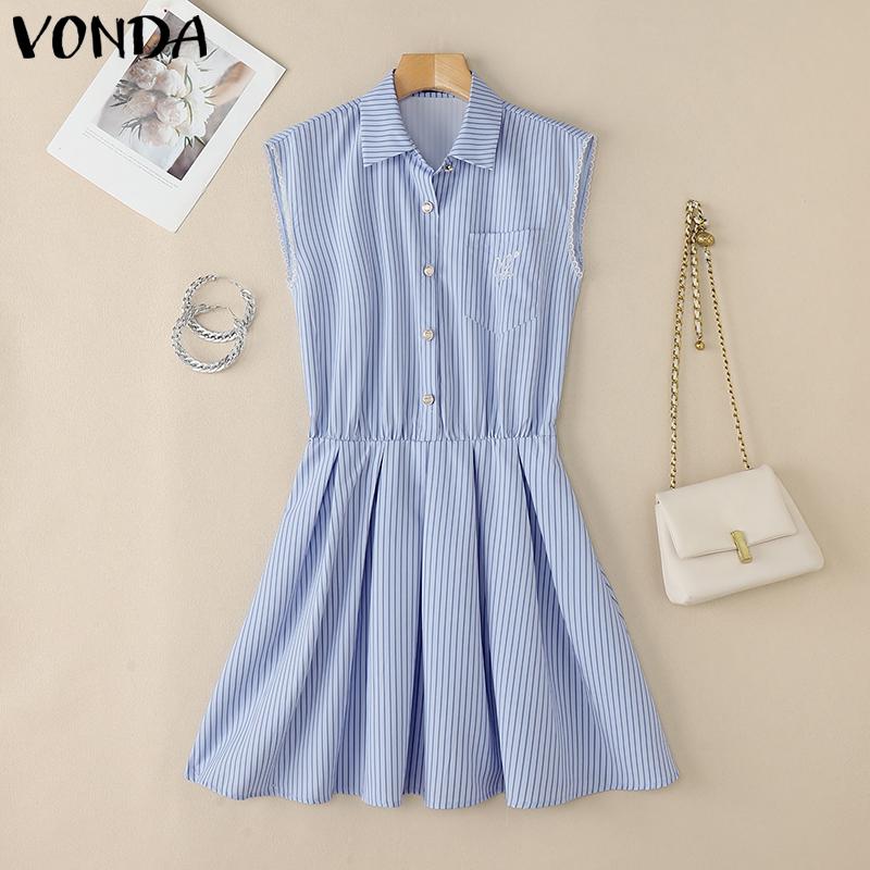 

VONDA Женское элегантное платье без рукавов с лацканами, повседневное плиссированное платье с полосатым принтом 5XL синий