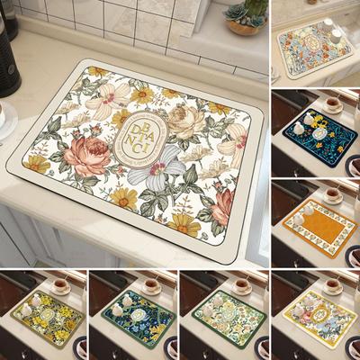 Kitchen Anti-slip Drain Mat Great Water Absorption Capacity Double-sided Washable Floral Printing Anti-skid