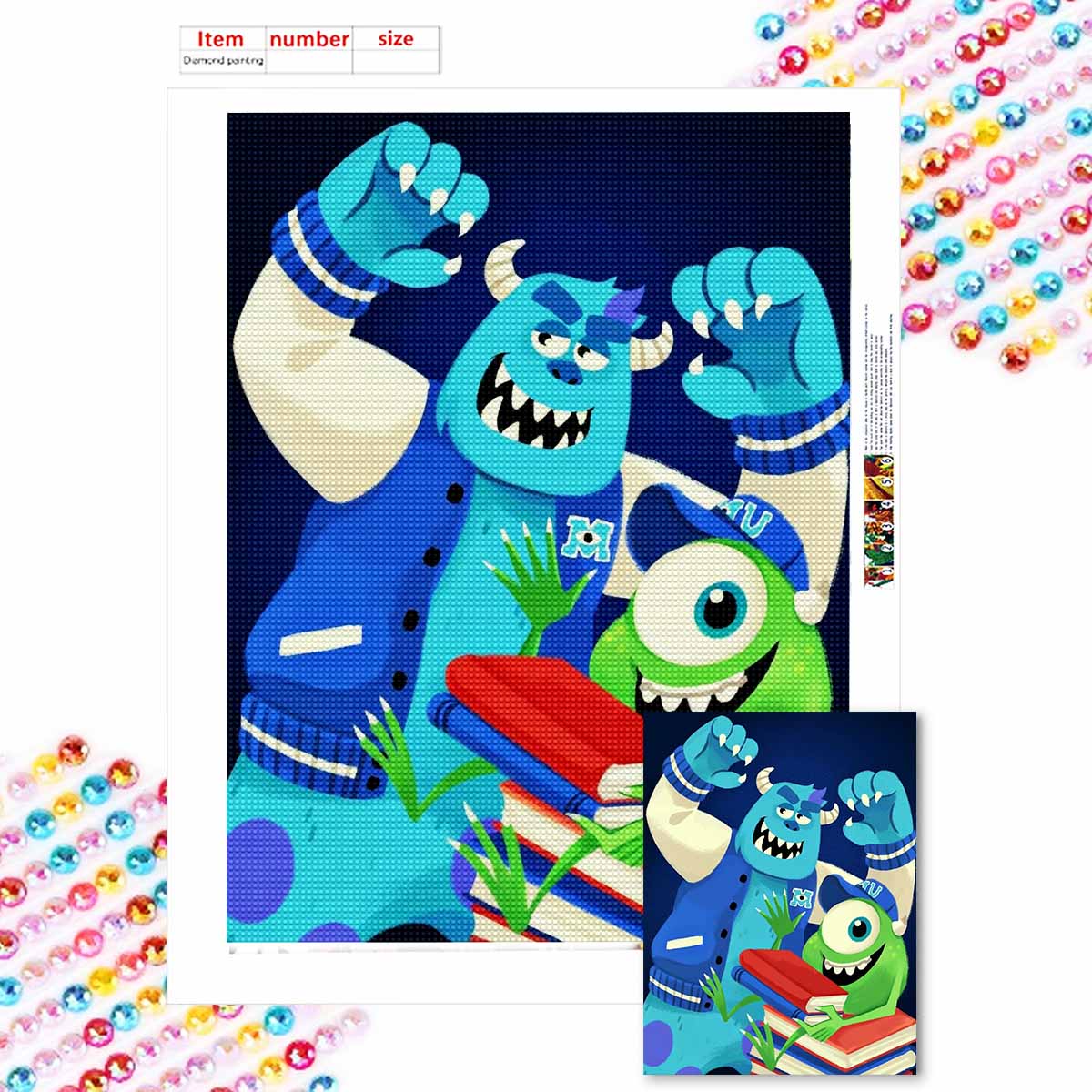 

Full Round Diamond Painting Big-eyed Boy and Green-haired Monster Art Rhinestone Picture Mosaic DIY 5D Cross Stitch Embroidery Home Decoration Round 20x30cm