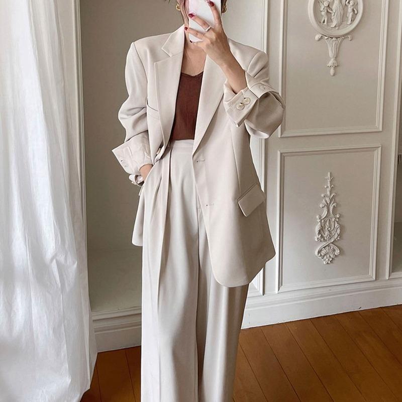 High End Women Suit Set British Style Spring Autumn Wide Leg Pants Two Piece Outfit Korean Minimalist Fashion