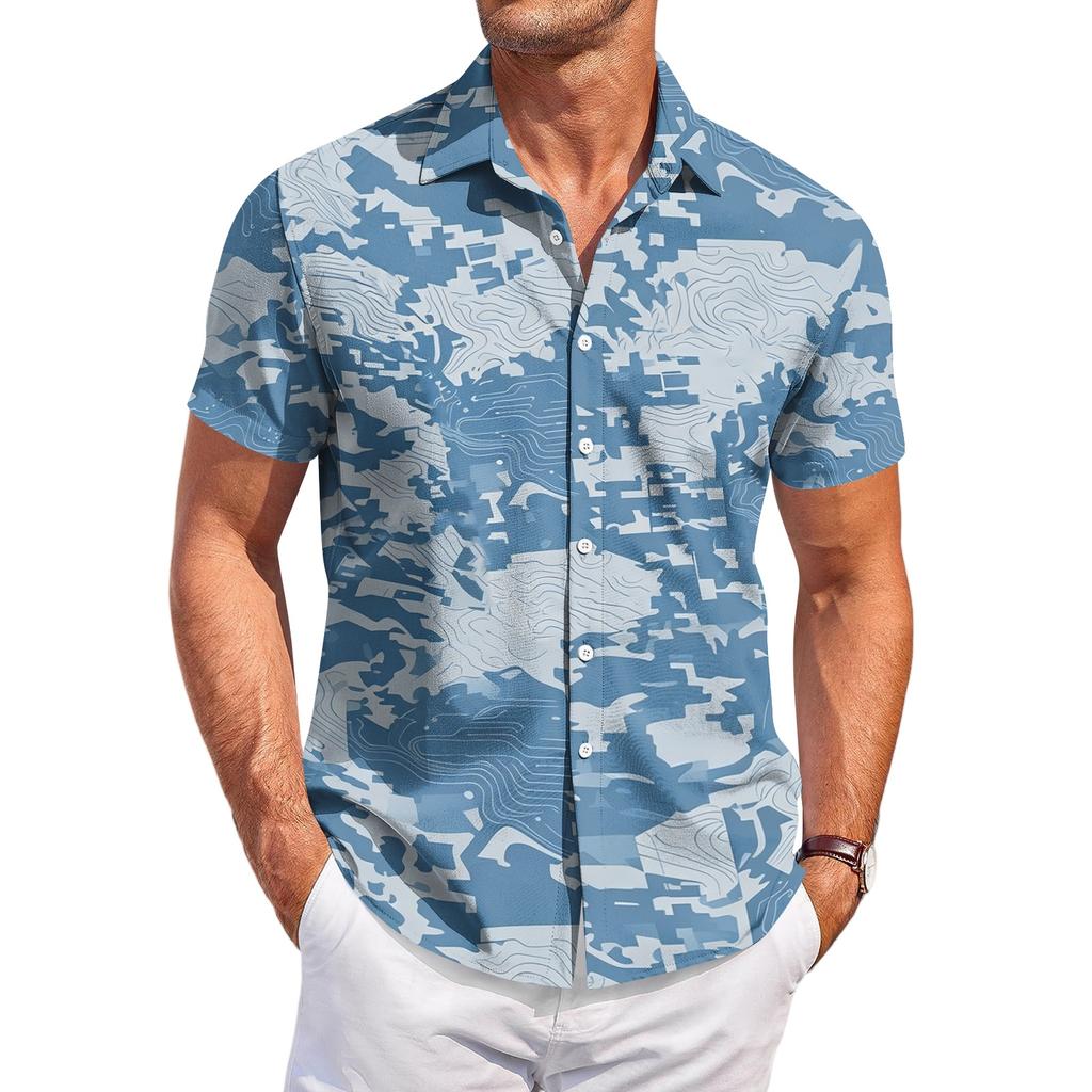 Camisa Casual de Manga Corta con Estampado de Camuflaje para Hombre, Moda Ligera de Botones, Top de Verano para Exteriores Ajustado para Uso Diario
