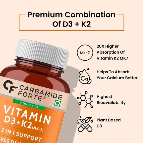 Carbamide Forte Vitamin D3 K2 MK7 | Plant Based Veg Vitamin D Supplement Lichen Source with Vitamin K2 - 120 Veg Tablets (Pack of 3)