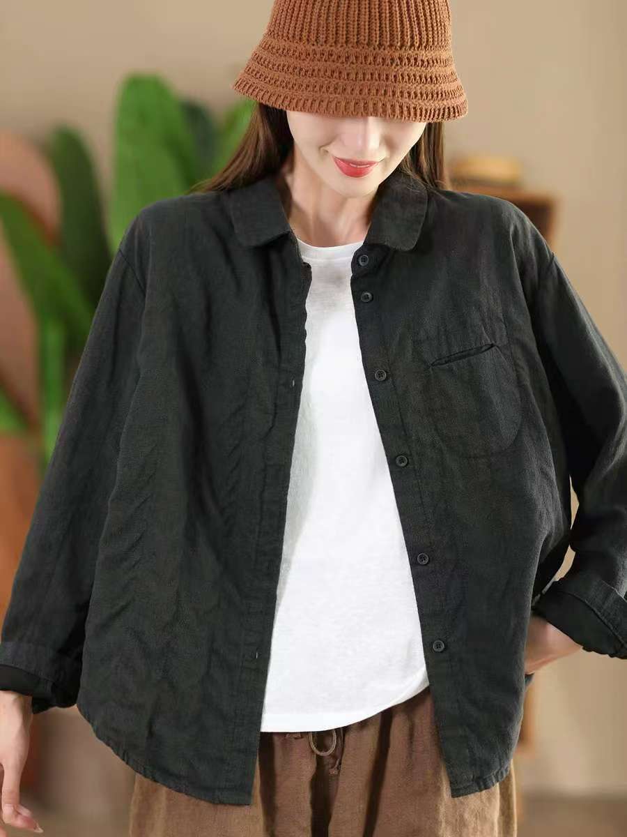 

Johnature Женская осенняя однотонная винтажная льняная рубашка с отложным воротником, длинные рукава, свободная однобортная рубашка XL чёрный