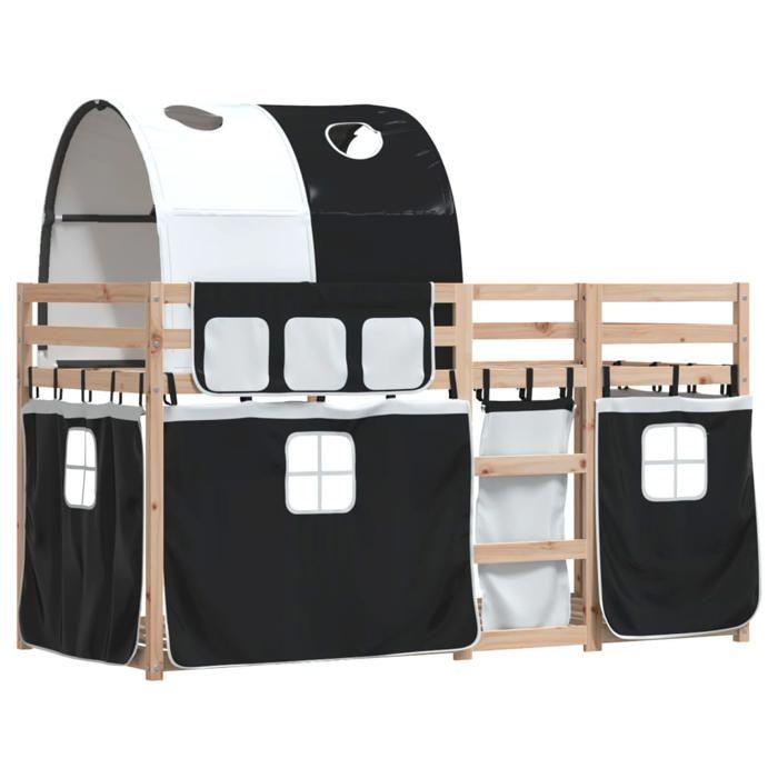 VidaXL Lit superposé avec rideaux blanc/noir 80x200 cm bois pin massif, lit, cadre de lit, lit superposé bas, meuble de 3283988