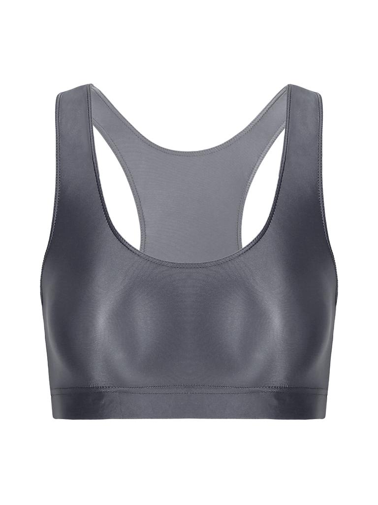 Dámský lesklý tílko s U výstřihem, bez rukávů, zkrácená vesta, jednobarevný design, sportovní, fitness, jóga top
